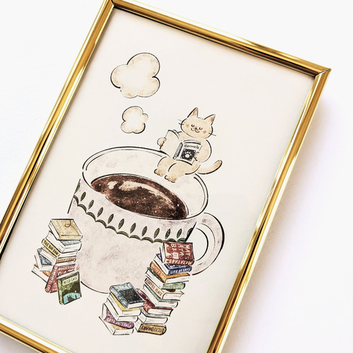 ポストカードサイズ 猫と本とコーヒー アートプリント/イラスト