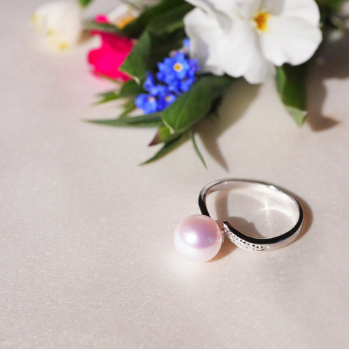送料無料】あこや真珠 初夏 の 薔薇 香る ローズカラー オープンリング