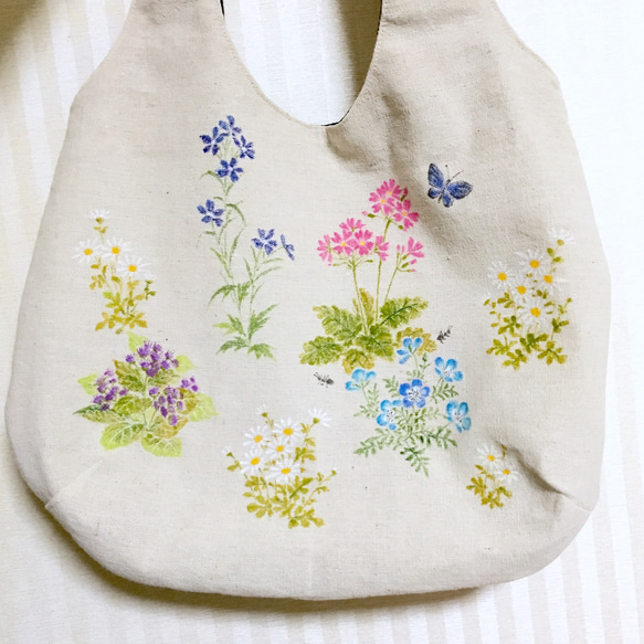 *送料無料*　【現品限り】手描きの花の庭 麻のハンドバッグ 6枚目の画像