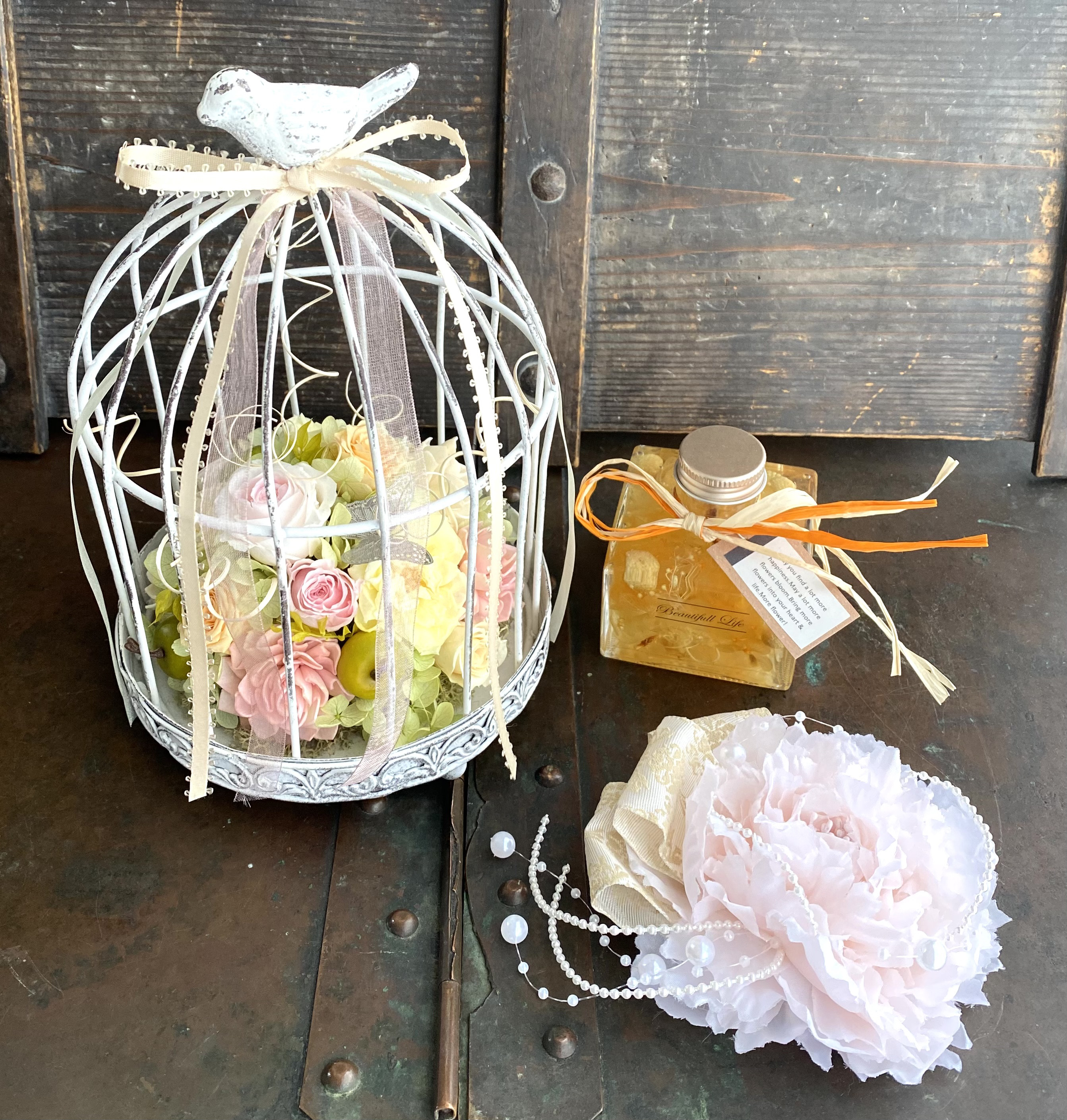 「Creema限定新春福袋〈梅〉」鳥かごアレンジ ＆コサージュ＆ハーバリウム♪