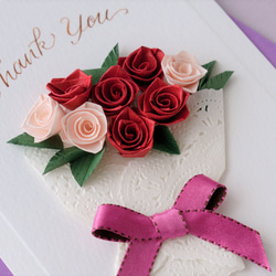 ペーパークイリングとカリグラフィーのサンキューカード【Thank You】　バラの花束のお礼状　メッセージ変更可　ローズ 2枚目の画像