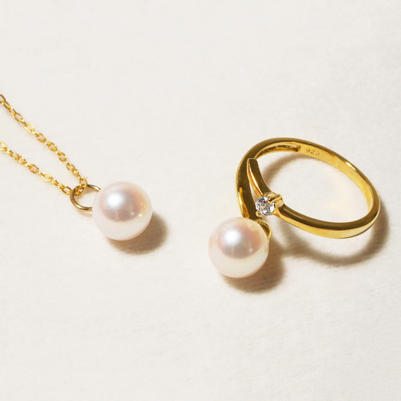 單顆 Akoya 珍珠 珍珠戒指與項鍊套裝 免費送貨 [Creema Limited] 第1張的照片