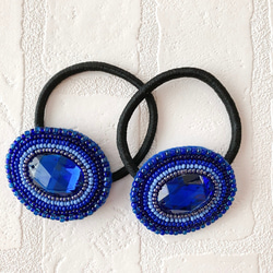 【SALE❤️】オーバル型ビジュー/ビーズ刺繍ヘアゴム(ブルー) 8枚目の画像