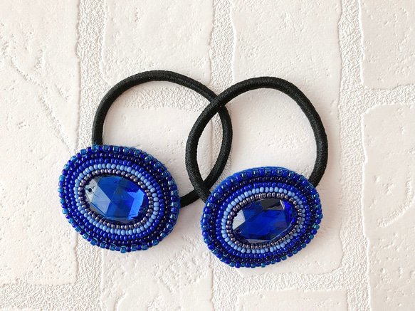 【SALE❤️】オーバル型ビジュー/ビーズ刺繍ヘアゴム(ブルー) 8枚目の画像