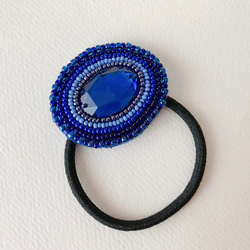 【SALE❤️】オーバル型ビジュー/ビーズ刺繍ヘアゴム(ブルー) 6枚目の画像