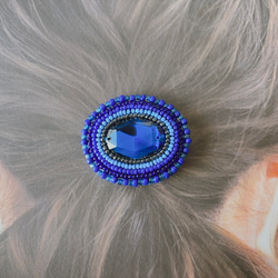【SALE❤️】オーバル型ビジュー/ビーズ刺繍ヘアゴム(ブルー) 2枚目の画像