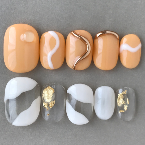 パステルオレンジ夏ニュアンスネイル パステルカラー ネイルチップ  