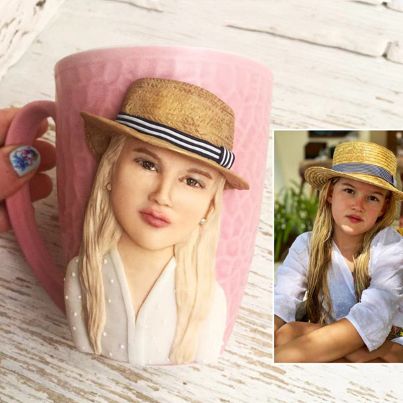 【オーダーメイド】手作りコーヒーカップ コップ マグカップ 3D 似顔絵 肖像画 写真 人形 フィギュア/誕生日 記念日 1枚目の画像