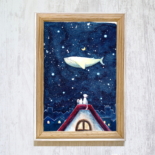 独特な店 受注制作】ぼくと友達が見た夜空【クジラと猫とねずみ】 絵画 絵画