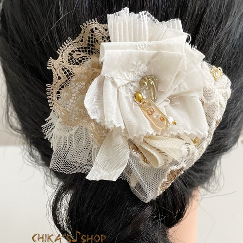 大人可愛いリボンヘアゴム☆インド刺繍リボン×ペタシャム×レースA198 大人可愛いリボンヘアゴム☆インド刺繍リボン×ペタシャム×レースA198