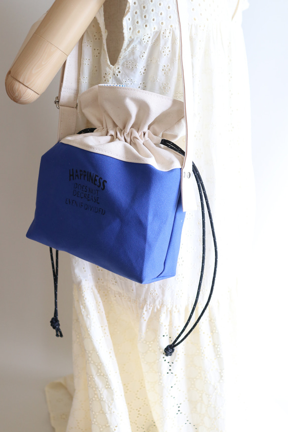 倉敷ハンプの巾着バッグ　青　スカイブルー　ビタミンカラー 10枚目の画像