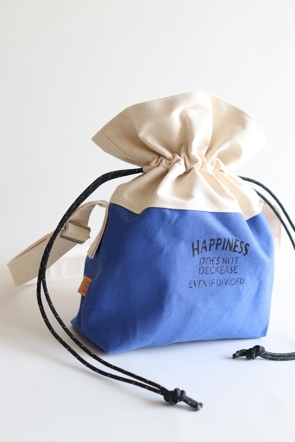 倉敷ハンプの巾着バッグ　青　スカイブルー　ビタミンカラー 2枚目の画像