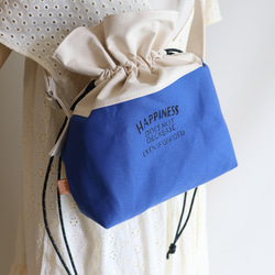 倉敷ハンプの巾着バッグ　青　スカイブルー　ビタミンカラー 4枚目の画像