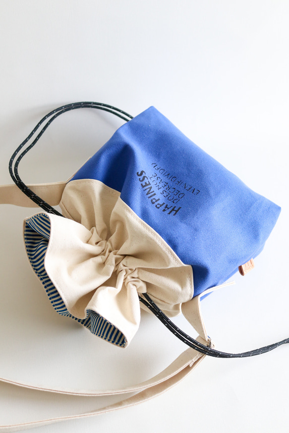 倉敷ハンプの巾着バッグ　青　スカイブルー　ビタミンカラー 8枚目の画像