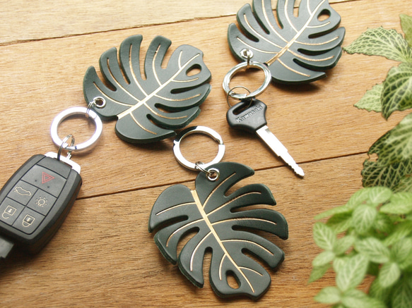 Leather Key Chain - Plant Leaf MONSTERA ( Custom Letter ) 12枚目の画像