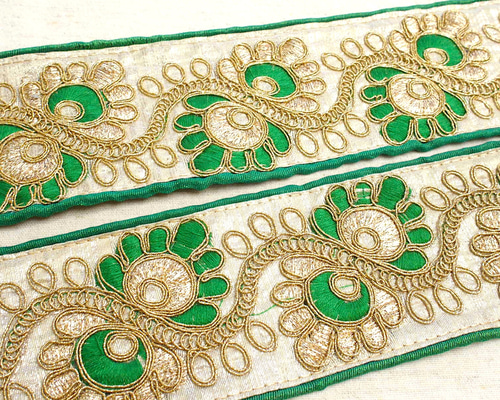 10cmより インド刺繍リボン チロリアンテープ 金緑☆ 手芸 素材 材料 