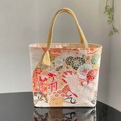丸帯 × 本革 着物リメイク バッグ 和装バッグ ハンドメイドA4対応  七五三 帯リメイクバッグ 鶴と花々 丸帯 トートバッグ 和装バッグ 帯