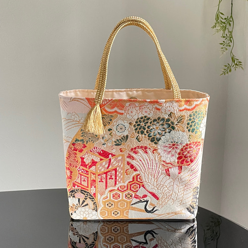 帯リメイクバッグ 鶴と松 丸帯 トートバッグ 和装バッグ 帯