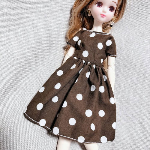 2点セット 半袖ワンピース ドット柄 白 茶色 リカちゃん 服