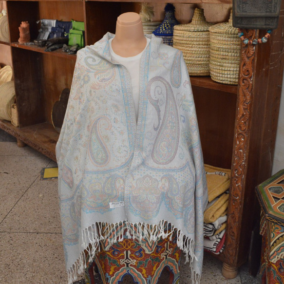 モロッコのパシュミナストール パステルブルー 大判ショール