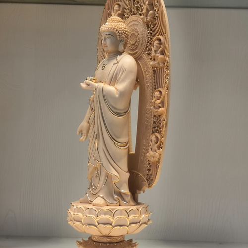 木彫り 仏像 西方三聖【阿彌陀仏】彫刻 八角台座 彫刻 minn 通販