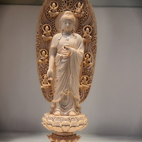 木彫り 仏像 西方三聖【阿彌陀仏】彫刻 八角台座 彫刻 minn 通販