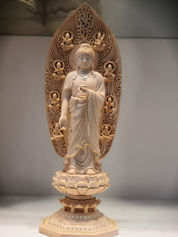 木彫り 仏像 西方三聖【阿彌陀仏】彫刻 八角台座 彫刻 minn 通販