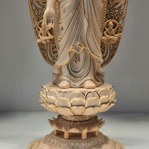 木彫り 仏像 西方三聖【阿彌陀仏】彫刻 八角台座 彫刻 minn 通販