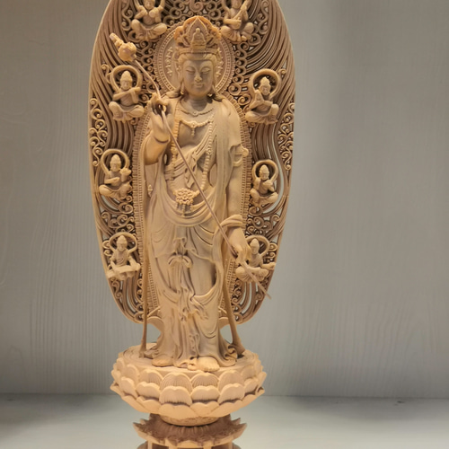 仏像 木彫 薬師三聖之【日光観音・薬師仏・月光観音】彫刻 八角台座