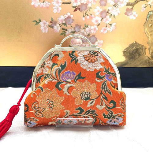 青と銀の花模様の小物入れ 京都西陣織] 百花繚乱 美しく咲く花模様の小物入れ がま口 あま