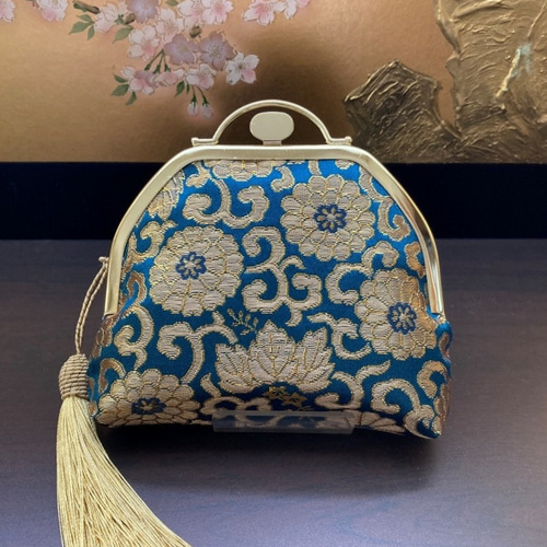 京都西陣織] 菊と葵の吉祥文様の小物入れ（青緑） がま口 あまてる