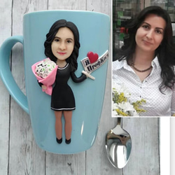【オーダーメイド】手作りコーヒーカップ コップ マグカップ 3D 似顔絵 肖像画 写真 人形 フィギュア/誕生日 記念日 1枚目の画像