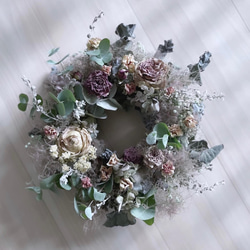 wreath " couronne de fumée " かすみ草 ローズ アジサイ ユーカリ グリーン スモークツリー 1枚目の画像