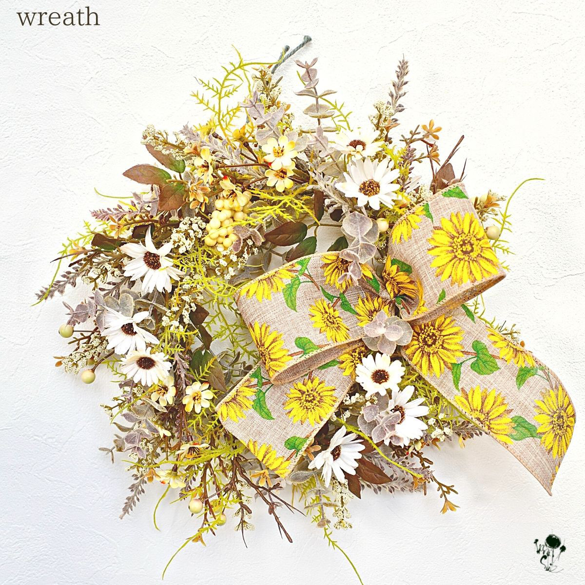 小花いっぱい向日葵リボンリース 造花 ドアリース リース ナチュラル 向日葵 ヒマワリ 雑貨 玄関インテリア