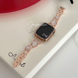 【再入荷】Applewatch クローバーラインストーンベルト ローズゴールド×ホワイト　全サイズあり 3枚目の画像