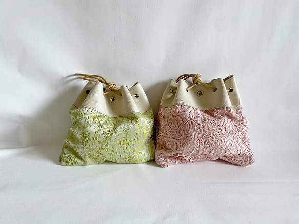 巾着バッグ 本革 × ジャガード 生地 刺繍 / クリームラメ × ライトグリーン 10枚目の画像