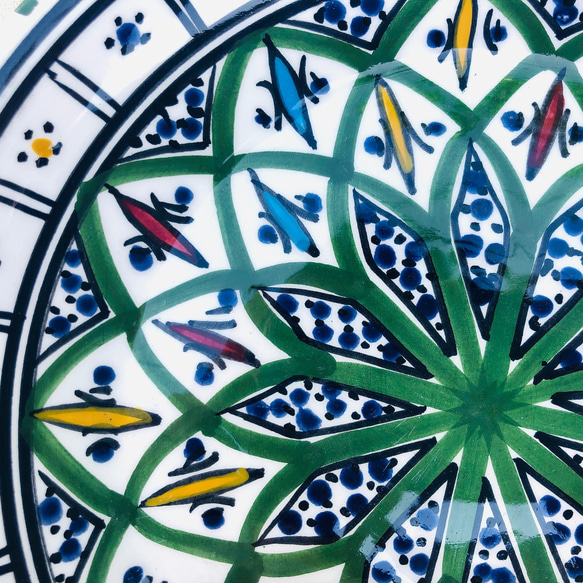 チュニジア・北アフリカ伝統万能絵付皿　24cm　平皿サークル　幾何学文様オアシスグリーン　19　 4枚目の画像
