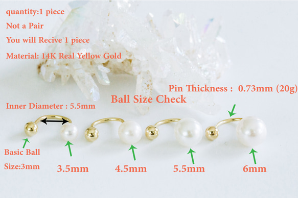14K金 ゴールド 淡水パール トラガス サーキュラーバーベルピアスパーケソ軟骨ダイスイヤリング ピアス 3枚目の画像