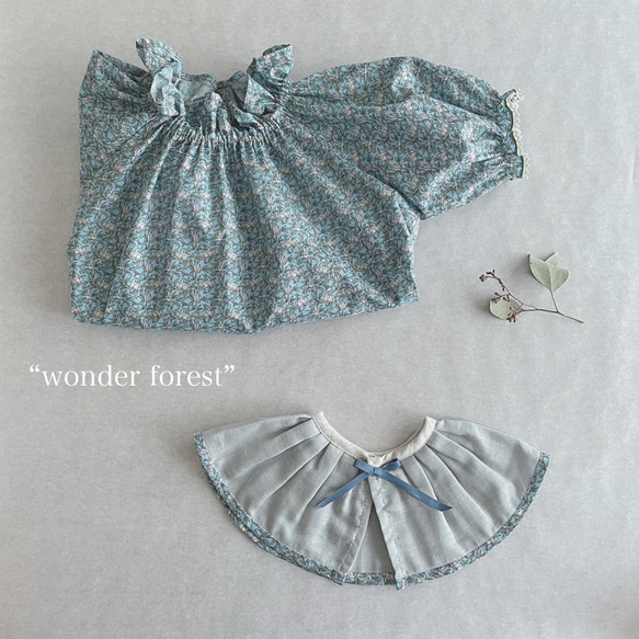 ✂︎“wonder forest ” リス模様の縁取り　つけ襟　ブルーグレー　お誕生日　贈り物 4枚目の画像