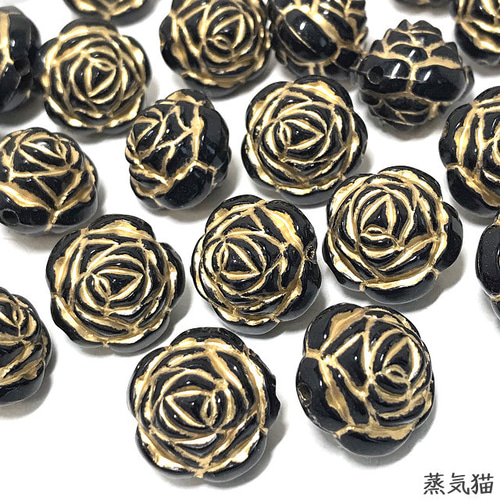 アンティーク調 黒い薔薇ビーズ 16mm 15個【バラの花 ピアス