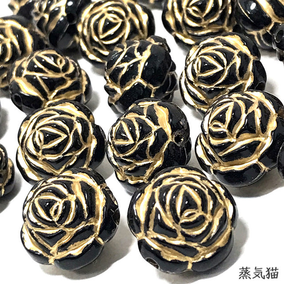 アンティーク調 黒い薔薇ビーズ 16mm 15個【バラの花 ピアス イヤリング ハンドメイド用アクセサリーパーツ素材】 2枚目の画像