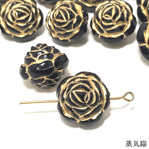 アンティーク調 黒い薔薇ビーズ 16mm 15個【バラの花 ピアス