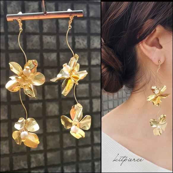 人気No.1】大ぶり 艶ゴールド メタルフラワー ゆらゆらお花舞うピアス