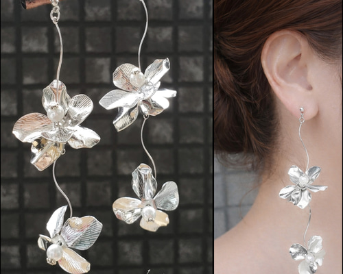 大ぶり 艶シルバーフラワー ゆらゆらお花舞うピアス ヴィンテージ 花嫁