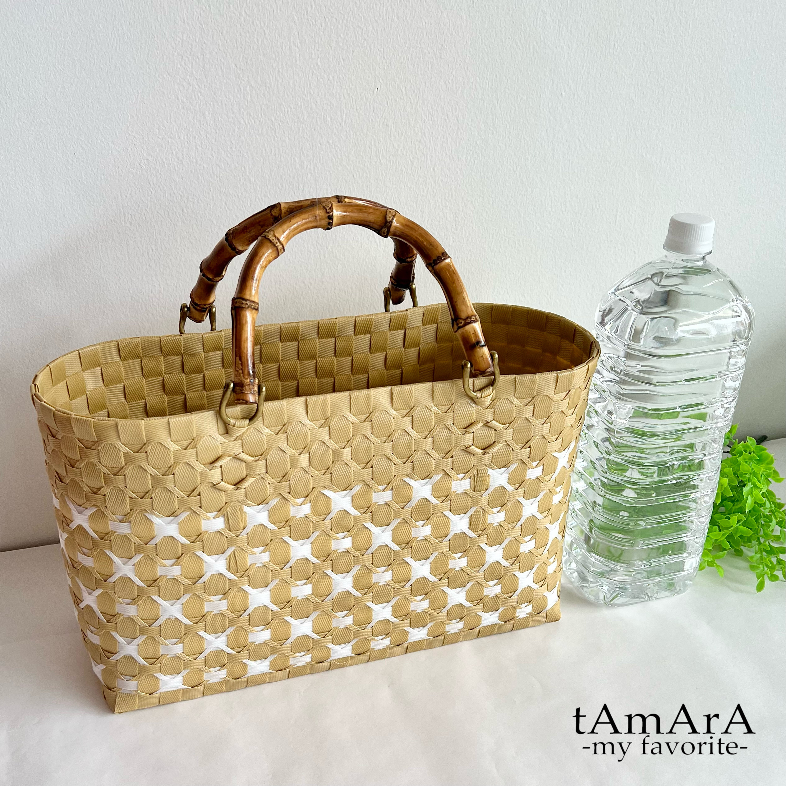 【受注製作】プラカゴ　Lサイズ/A4　L-520　ブラウン*白　2way　バンブーハンドル　カゴバッグ　マルシェ　ピクニ