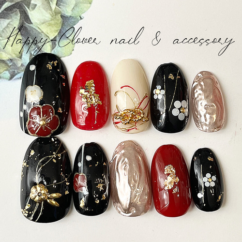 和柄ネイルチップ 椿のお着物ネイル 結婚式 成人式 卒業式 前撮り  