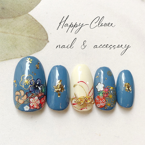 和柄ネイルチップ 青のお着物ネイル 結婚式 成人式 卒業式 前撮り  