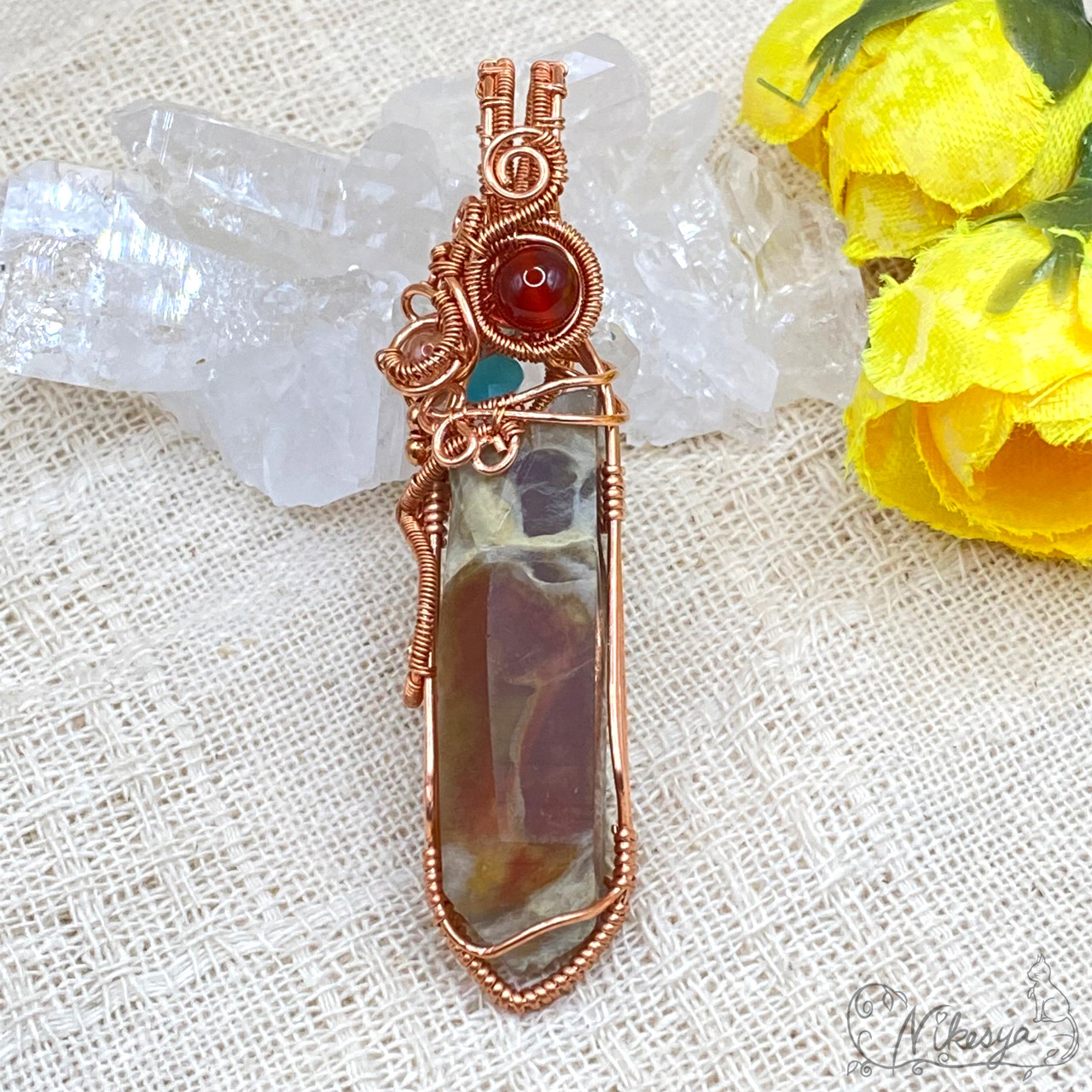【コッパー99,9】【ワイヤーアクセサリー】レッドファントムクォーツのペンダントトップ 【生成り】【送料無料】