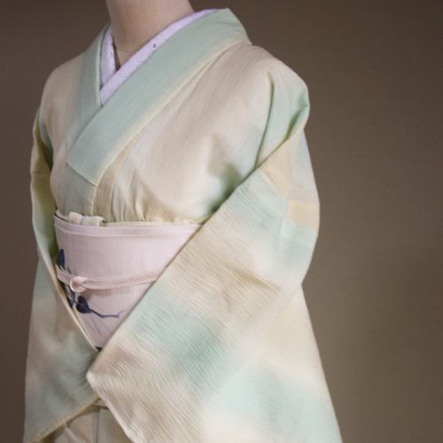 ◇近江ちぢみ 夏の大人の贅沢◇ベージュ系のやさしい薄黄と薄緑の  