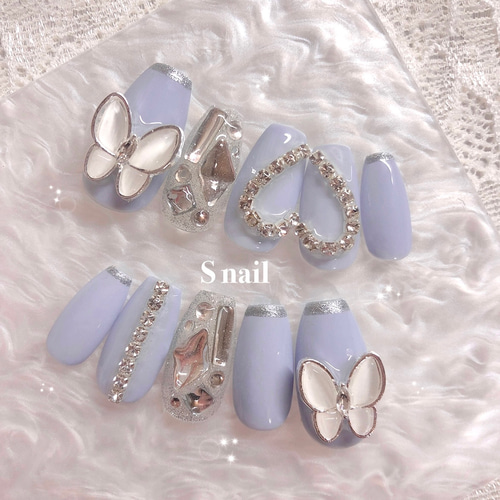 ネイルチップ ブルー 水色 青 蝶々 ハート ストーン ワンホンネイル  
